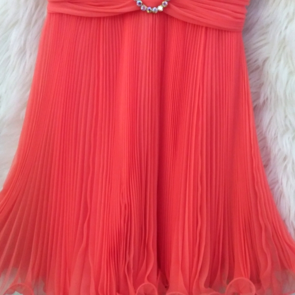Vintage Jack Bryan Dress Chiffon Coral 60s Pleated Lettuce Ruffle Skirt Small - Picture 9 of 9